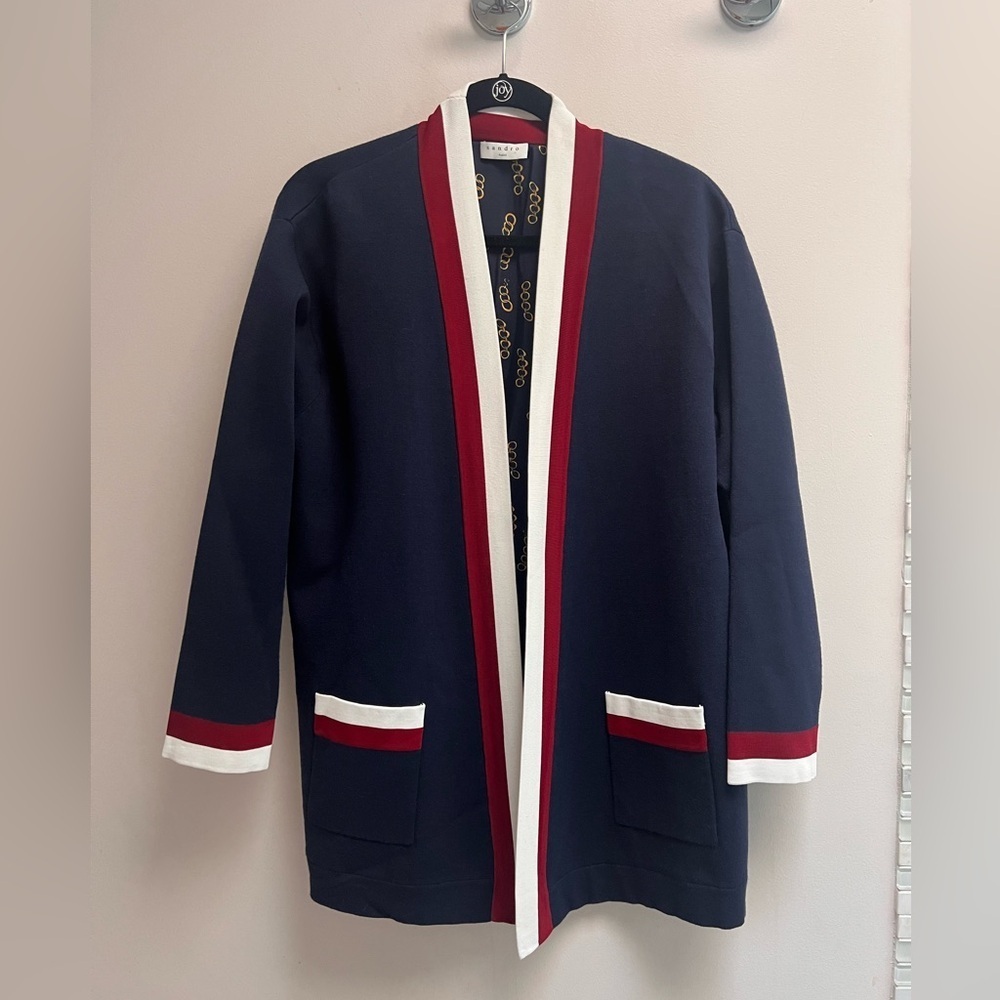 SANDRO PARIS Womenโs Navy Anouchica Open-Front Collegiate-Style Cardigan - Large - Picture 4 of 11